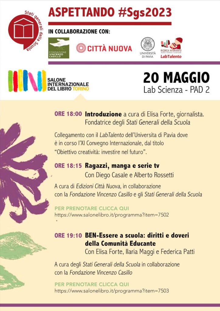 Locandina degli eventi al Salone del Libro di Torino 2023.